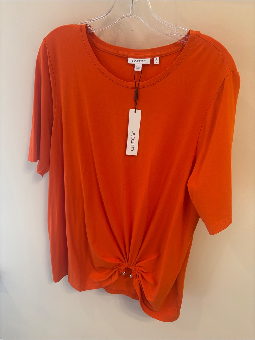 Chico's NWT Touch of Cool Bright Orange Asymmetric Hardware Short Sleeve Tee